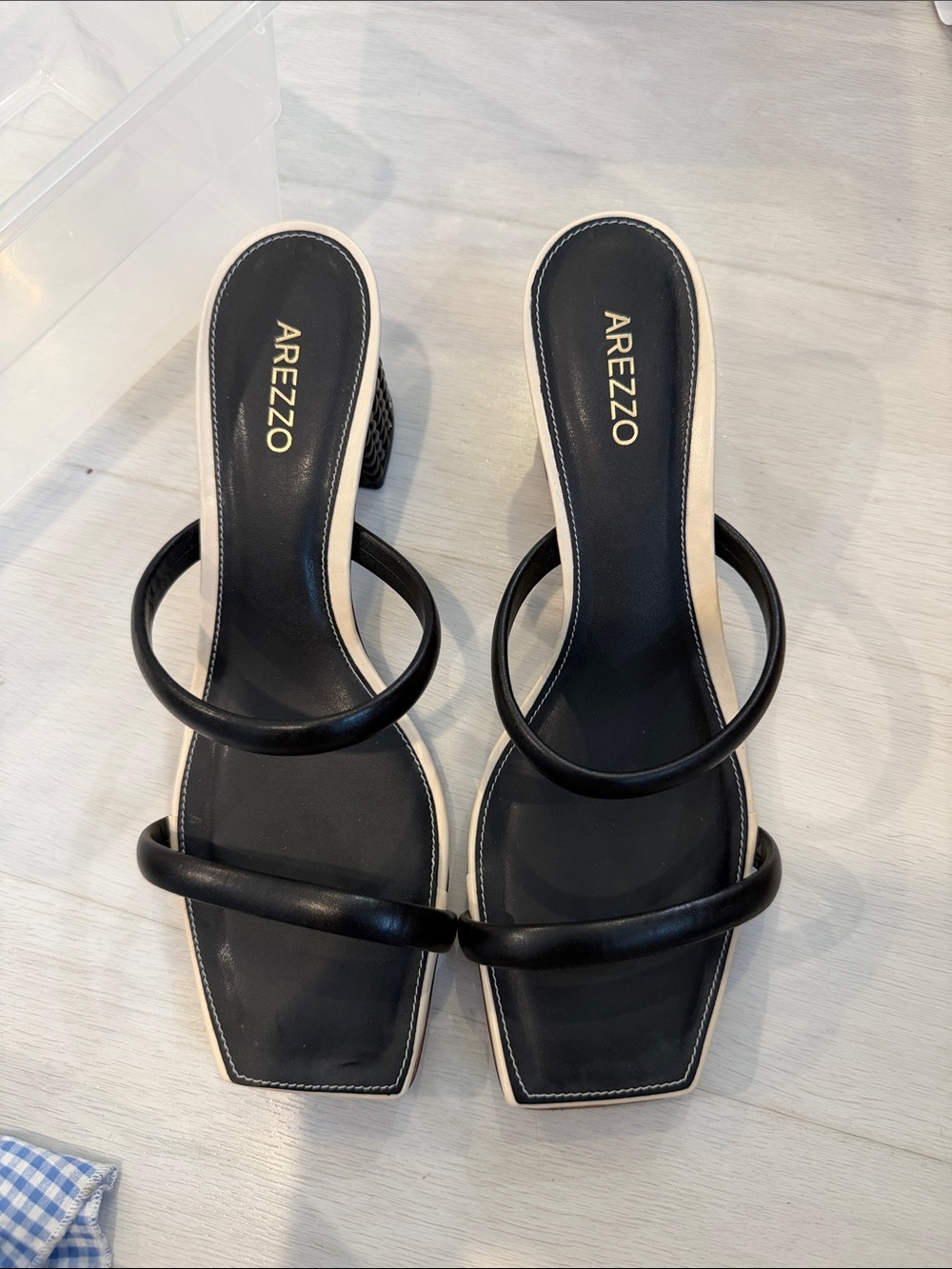 Arezzo Black Double-Strap Square-Toe Heeled Sandals